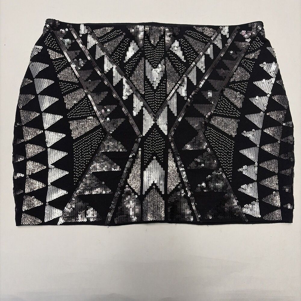 Express Sequin Mini Skirt Black Silver Geometric Aztec Pattern Size S NWT